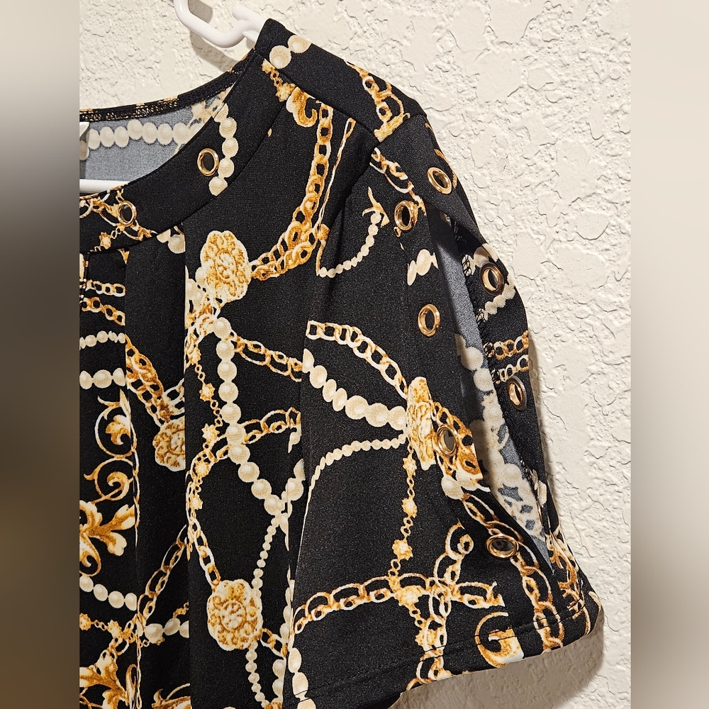 PerSeption Concept Black and Gold Chain Print Blouse Size Small - Picture 4 of 4